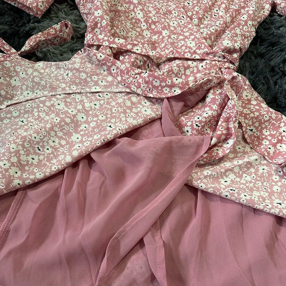 Dolls Kill Pink Ditsy Floral Wrap Mini Dress Ruffle Hem S - Picture 3 of 6